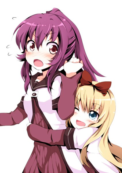 Anime picture 707x1000 with yuru yuri doga kobo toshinou kyouko sugiura ayano chata maru long hair tall image blush open mouth blue eyes simple background blonde hair red eyes white background multiple girls looking away purple hair ponytail one eye closed wink