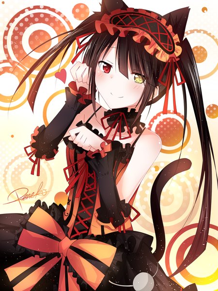 Anime picture 1500x2000 with date a live tokisaki kurumi peneko single long hair tall image looking at viewer blush fringe black hair simple background smile red eyes white background twintails bare shoulders signed animal ears yellow eyes payot