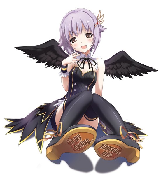 Anime picture 1012x1100 with idolmaster idolmaster cinderella girls koshimizu sachiko sakana single tall image blush short hair open mouth white background brown eyes grey hair shadow girl thighhighs dress black thighhighs wings