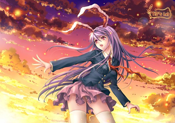 Anime picture 1280x905 with touhou reisen udongein inaba tidsean single long hair open mouth red eyes purple hair cloud (clouds) bunny ears evening bunny girl sunset scenic girl thighhighs skirt miniskirt white thighhighs
