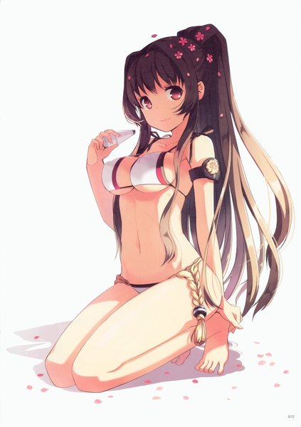 Anime picture 2132x3025 with kantai collection yamato super battleship h2so4 single long hair tall image looking at viewer highres breasts light erotic red eyes brown hair ponytail barefoot hair flower scan bare legs bare belly kneeling girl