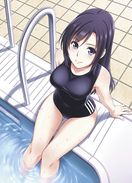 Anime picture 765x1061 with harem suiei-bu uchida miku korisei single long hair tall image looking at viewer blue eyes light erotic smile sitting purple hair from above arm support soaking feet girl swimsuit water one-piece swimsuit school swimsuit