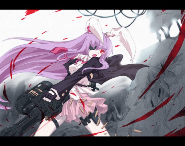 Anime picture 1400x1104 with touhou reisen udongein inaba auer single long hair open mouth red eyes purple hair bunny ears bunny girl letterboxed girl gloves weapon miniskirt fingerless gloves gun eyepatch cartridge seashell