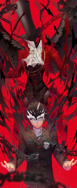 Anime picture 612x1476 with persona 5 persona amamiya ren arsene (persona 5) nanaya (daaijianglin) tall image looking at viewer short hair blue eyes black hair simple background smile standing spread arms red background black wings broken boy wings chain