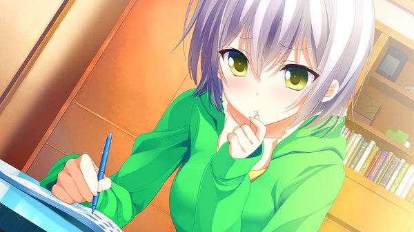 Anime picture 1280x720 with ichiban janakya dame desu ka? (game) single short hair wide image green eyes game cg white hair writing girl pen