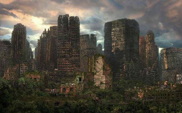Anime picture 1680x1050 with original wide image cloud (clouds) city cityscape landscape ruins panorama post-apocalyptic overgrown building (buildings)