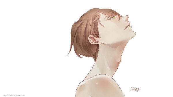 Anime picture 1267x716 with original coln single short hair simple background brown hair wide image white background bare shoulders green eyes signed profile nude looking up boy