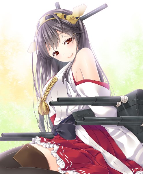 Anime picture 990x1200 with kantai collection haruna battleship ichimatsu nana single long hair tall image blush black hair smile red eyes white background bare shoulders girl thighhighs hair ornament weapon black thighhighs