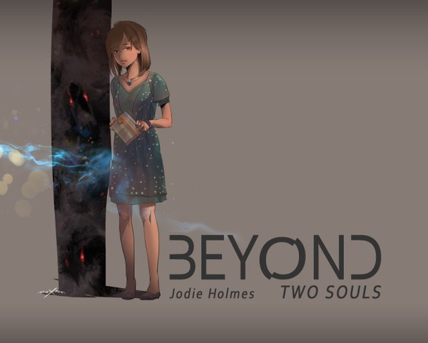 Anime picture 1280x1024 with beyond: two souls jodie holmes tagme (artist) single short hair breasts brown hair standing holding brown eyes dark skin glow girl dress shoes pendant