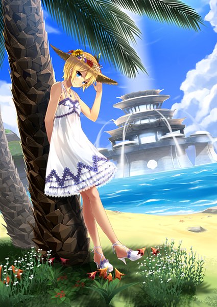Anime picture 900x1270 with phantasy star sega ryou@ryou single tall image looking at viewer short hair blue eyes blonde hair sky cloud (clouds) beach girl dress flower (flowers) plant (plants) hat tree (trees) sundress palm tree