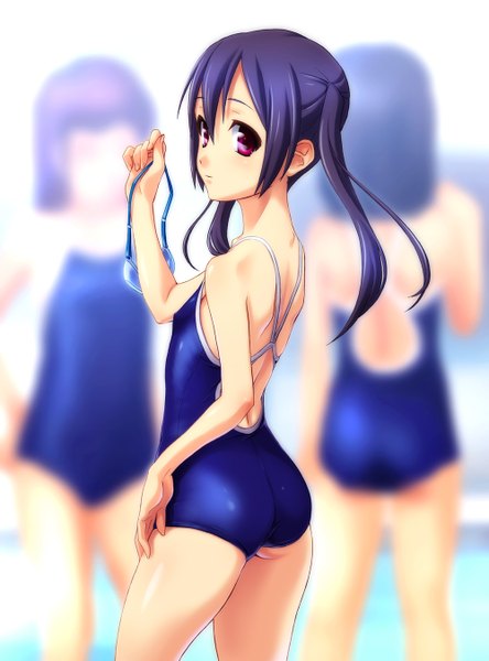 Anime picture 1000x1350 with original norizou type-r long hair tall image light erotic red eyes twintails bare shoulders purple hair looking back girl swimsuit