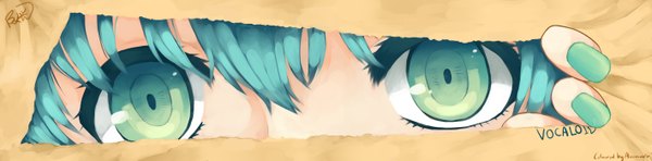 Anime picture 2834x701 with vocaloid hatsune miku hikarichan alice (pixiv id 3791372) single looking at viewer highres wide image signed nail polish aqua eyes lens flare girl