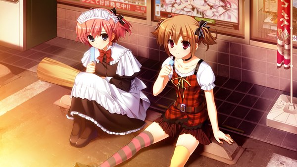 Anime picture 1280x720 with grisaia no kajitsu komine sachi irisu makina fumio (ura fmo) short hair blue eyes red eyes brown hair wide image sitting multiple girls pink hair game cg maid different thighhighs girl thighhighs dress bow 2 girls