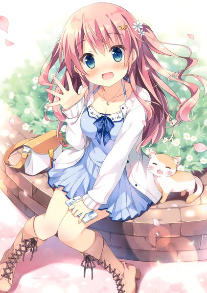 Anime picture 2516x3571 with original pan (mimi) single long hair tall image looking at viewer blush highres open mouth blue eyes sitting pink hair scan two side up girl dress animal petals boots cat