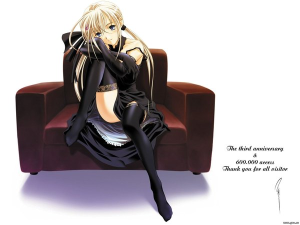 Anime picture 1600x1200 with aizawa kotarou single long hair looking at viewer blush blue eyes simple background blonde hair white background sitting light smile girl thighhighs hair ornament ribbon (ribbons) black thighhighs hair ribbon hairclip chair