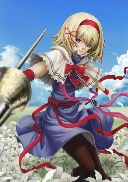 Anime picture 1200x1697 with touhou alice margatroid infukun tall image short hair blue eyes blonde hair cloud (clouds) girl dress flower (flowers) ribbon (ribbons) weapon hairband spear