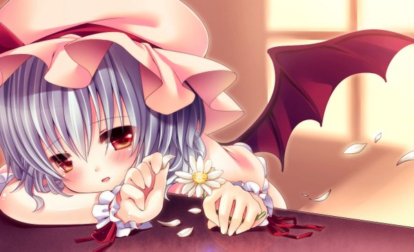 Anime picture 1267x771 with touhou remilia scarlet irori single blush short hair red eyes wide image blue hair loli bat wings girl flower (flowers) ribbon (ribbons) petals wings