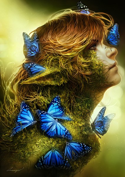 Anime picture 672x950 with original valentina remenar long hair tall image simple background brown hair green eyes signed profile elf plant (plants) insect butterfly grass