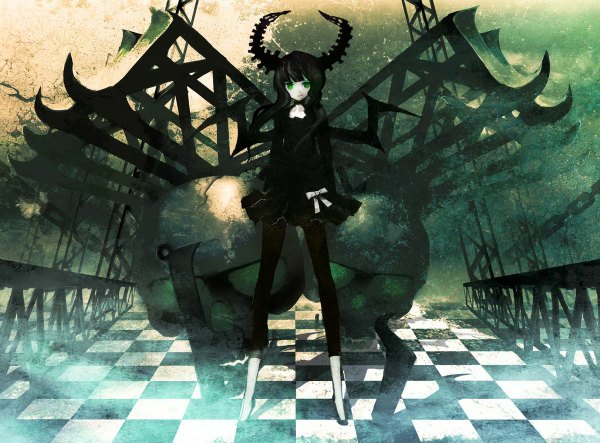 Anime picture 1200x886 with black rock shooter dead master single long hair black hair green eyes horn (horns) checkered floor girl skirt wings skull