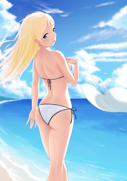 Anime picture 1000x1414 with original kano sakurai single long hair tall image fringe breasts open mouth blue eyes light erotic blonde hair standing sky cloud (clouds) ass looking back wind back black background horizon