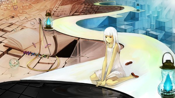 Anime picture 1600x900 with original atyako single long hair wide image sitting green eyes white hair girl water book (books) sundress bubble (bubbles) lamp cube needle