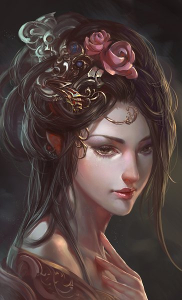 Anime picture 1184x1953 with xiaobotong single long hair tall image brown hair brown eyes hair flower lips realistic girl hair ornament flower (flowers) earrings