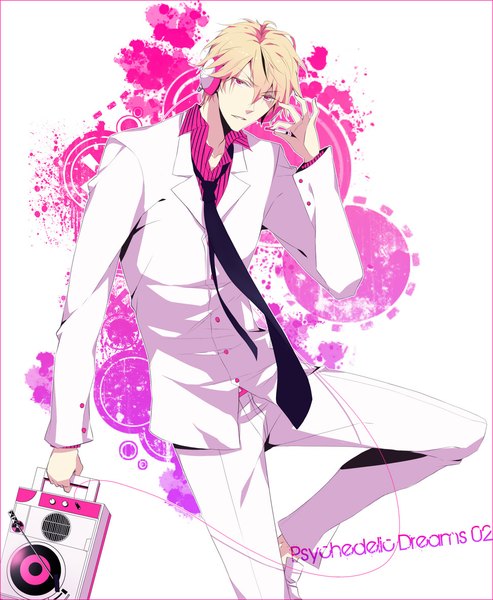 Anime picture 972x1183 with durarara!! brains base (studio) psychedelic dreams heiwajima shizuo sara666 (roentgen666) single tall image looking at viewer short hair blonde hair white background pink eyes open collar boy necktie headphones suit wire (wires) speakers