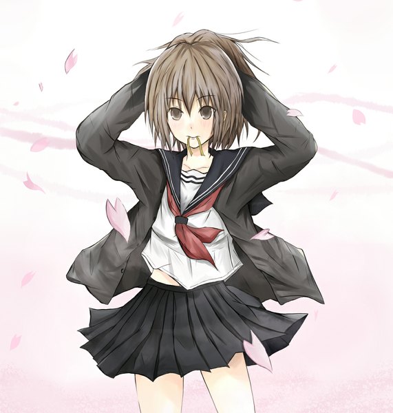 Anime picture 1000x1050 with original colonel (pixiv) single tall image looking at viewer blush short hair brown hair holding brown eyes mouth hold adjusting hair tying hair ribbon in mouth hairdressing girl ribbon (ribbons) hair ribbon petals serafuku