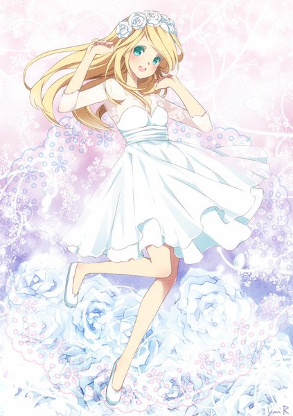 Anime picture 650x922 with original kaili (sparklykai) inma r. single long hair tall image looking at viewer blush open mouth blonde hair smile signed bent knee (knees) aqua eyes teeth adjusting hair floral background borrowed character girl dress