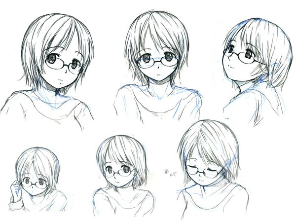 Anime picture 1024x768 with original monochrome sketch glasses ooshiro youkou