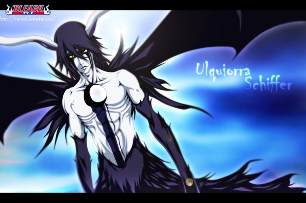 Anime picture 2886x1917 with bleach studio pierrot ulquiorra schiffer schwarrtz single long hair highres black hair yellow eyes horn (horns) inscription coloring letterboxed muscle bat wings face paint espada boy