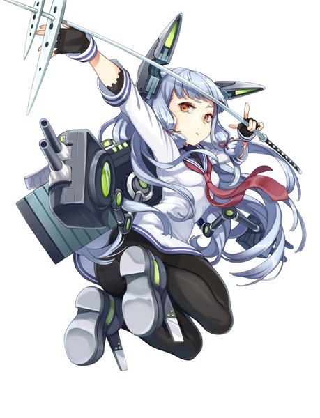 Anime picture 800x1044 with kantai collection murakumo destroyer yuu (higashi no penguin) single long hair tall image looking at viewer fringe light erotic simple background white background silver hair full body bent knee (knees) blunt bangs long sleeves looking back orange eyes outstretched arm soles