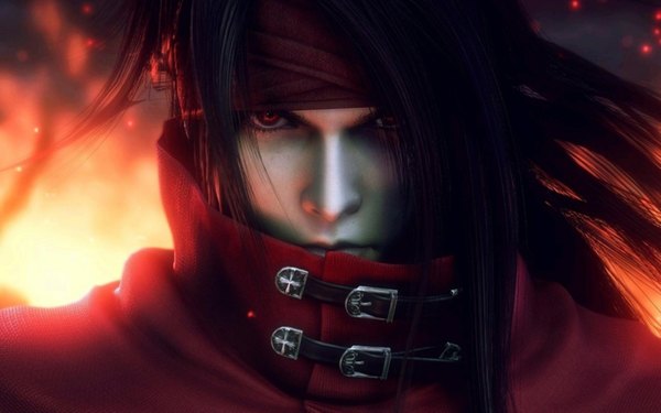 Anime picture 1440x900 with final fantasy vii advent children final fantasy final fantasy vii square enix vincent valentine tagme (artist) single long hair looking at viewer black hair red eyes lips realistic boy fire