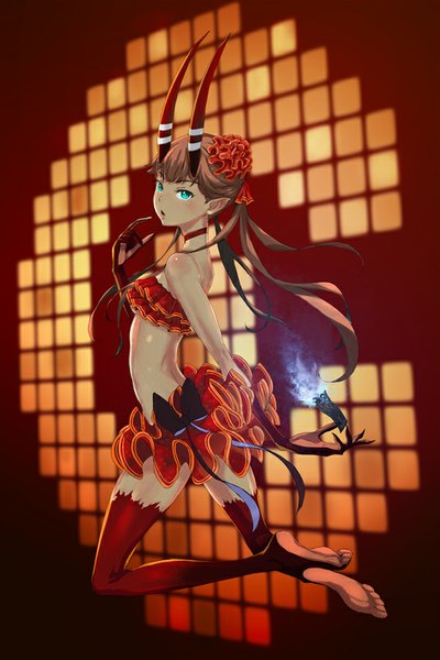 Anime picture 600x900 with c: the money of soul and possibility control mashu (c) muuten single long hair tall image looking at viewer fringe light erotic brown hair horn (horns) pointy ears bare belly magic glow girl skirt bow miniskirt frills