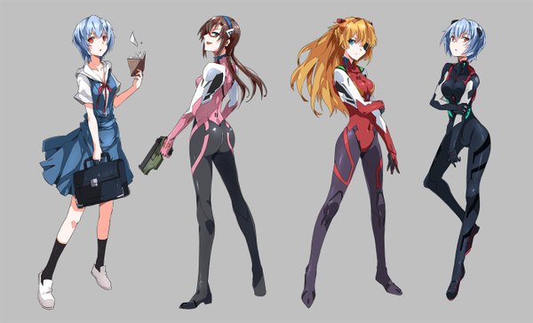 Anime picture 1400x851 with neon genesis evangelion rebuild of evangelion evangelion: 3.0 you can (not) redo gainax soryu asuka langley ayanami rei shikinami asuka langley makinami mari illustrious zhuxiao517 long hair short hair open mouth blue eyes simple background red eyes brown hair wide image twintails multiple girls blue hair