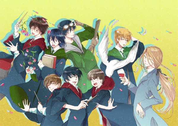 Anime picture 1300x919 with harry potter severus snape sirius black james potter remus lupin peter pettigrew regulus black lucius malfoy long hair short hair black hair simple background blonde hair brown hair blue hair one eye closed wind wink multiple boys group