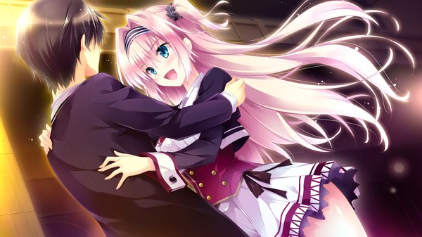 Anime picture 1920x1080 with golden marriage ensemble (studio) amaya rei hayakawa harui long hair blush highres short hair open mouth blue eyes black hair smile wide image pink hair game cg couple happy dancing girl boy