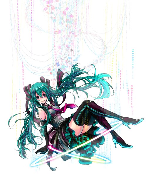Anime picture 1847x2199 with vocaloid hatsune miku nes800 long hair tall image highres twintails aqua hair girl thighhighs dress gloves ribbon (ribbons) necktie elbow gloves
