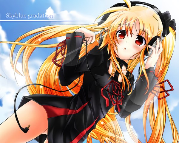 Anime picture 1280x1024 with mahou shoujo lyrical nanoha fate testarossa kunon single long hair blush open mouth light erotic blonde hair red eyes twintails looking away sky cloud (clouds) from below wallpaper no panties hand on headphones girl headphones