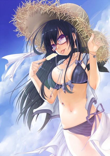 Anime picture 1000x1413 with original 45 (diagonal45angle) single long hair tall image looking at viewer breasts light erotic black hair purple eyes sky cloud (clouds) girl navel swimsuit hat bikini glasses food sweets