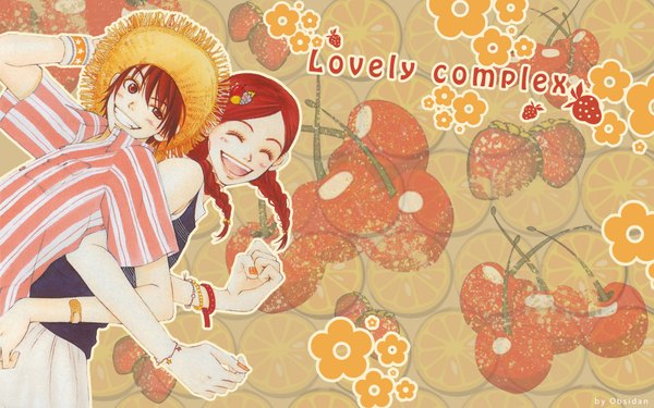 Anime picture 1920x1200 with lovely complex toei animation koizumi risa ootani atsushi highres brown hair wide image brown eyes braid (braids) eyes closed couple striped back to back girl boy hair ornament hat food berry (berries) straw hat