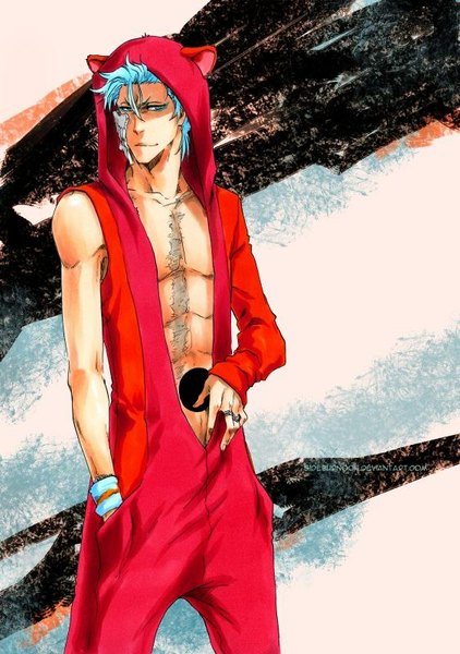 Anime picture 563x800 with bleach studio pierrot grimmjow jeagerjaques sideburn004 single tall image looking at viewer fringe short hair blue eyes smile standing animal ears blue hair lips fake animal ears scar muscle hand in pocket espada