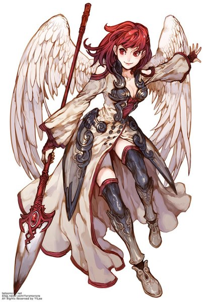 Anime picture 743x1050 with yilee single tall image blush short hair breasts simple background smile red eyes white background bare shoulders looking away cleavage bent knee (knees) light smile lips wide sleeves angel wings white wings girl