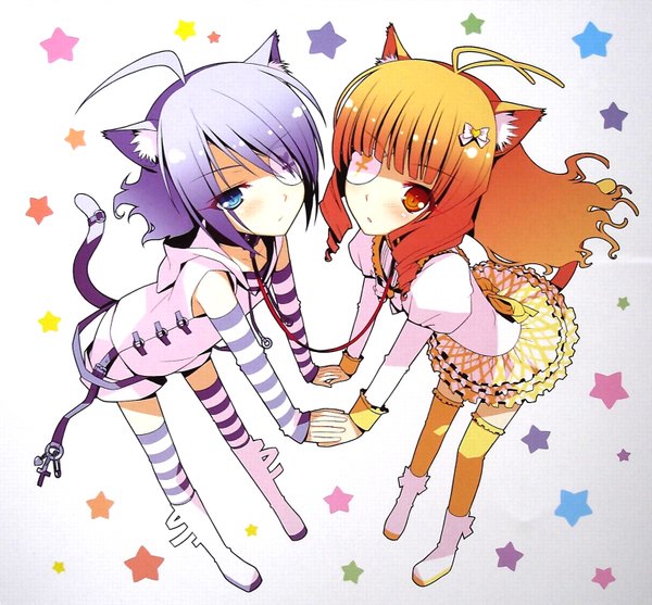Anime picture 1529x1420 with original sayori long hair looking at viewer blush short hair blue eyes brown hair standing multiple girls animal ears yellow eyes purple hair cat ears cat tail holding hands flat chest abstract girl thighhighs