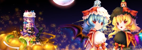 Anime picture 1200x424 with touhou flandre scarlet remilia scarlet izayoi sakuya patchouli knowledge hong meiling grandia bing long hair short hair blonde hair red eyes wide image multiple girls blue hair purple hair looking back night halloween girl dress