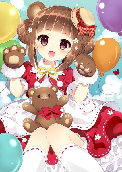 Anime picture 708x1000 with original wasabi (sekai) single tall image looking at viewer blush short hair open mouth red eyes brown hair animal ears loli girl dress hat socks white socks toy stuffed animal teddy bear