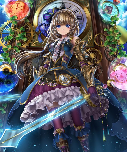 Anime picture 1000x1200 with original kasugaya single long hair tall image looking at viewer blush blue eyes brown hair girl thighhighs dress flower (flowers) bow weapon hair bow sword frills armor clock