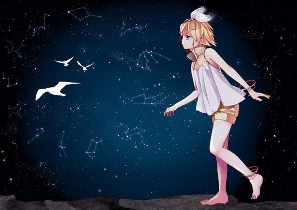 Anime picture 1240x879 with vocaloid kagamine rin hatsuko single short hair blue eyes blonde hair nail polish barefoot constellation girl animal bracelet bird (birds) star (stars)