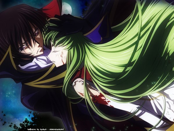 Anime picture 1280x960 with code geass sunrise (studio) c.c. lelouch lamperouge long hair fringe short hair black hair hair between eyes purple eyes eyes closed green hair wind girl boy blood tagme