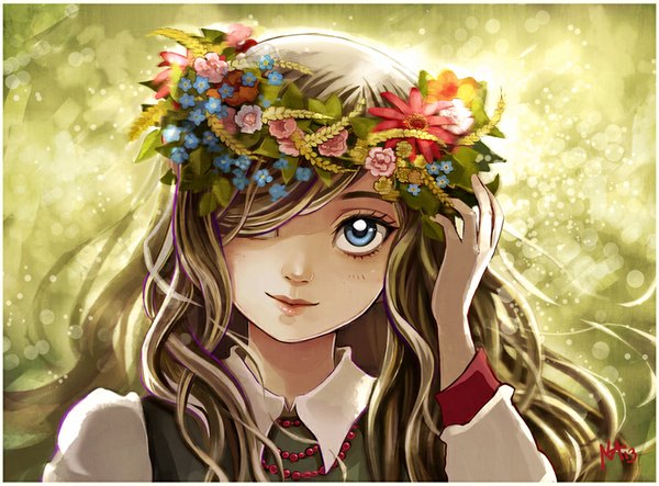 Anime picture 888x657 with original radittz single long hair fringe blue eyes smile hair flower sunlight hair over one eye close-up dark hair girl hair ornament flower (flowers) plant (plants) grass beads wreath